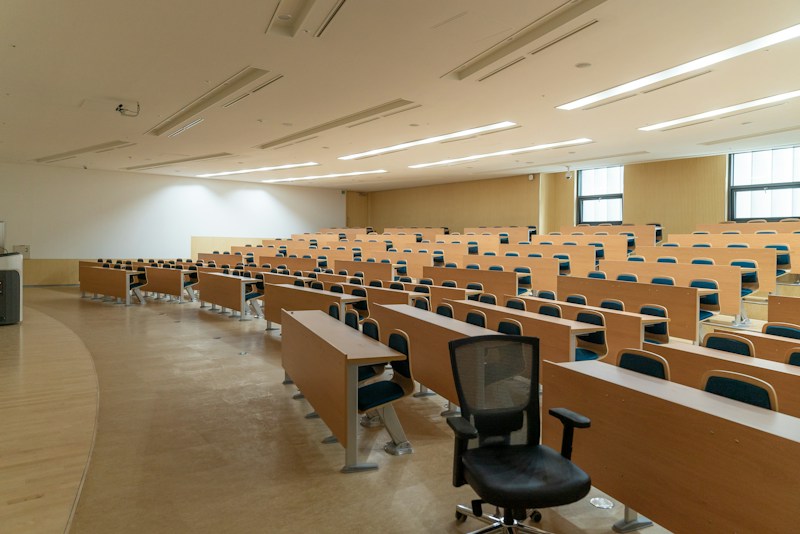 Illustrative university library study carrels and timber shelving